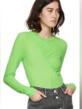 Ganni Neon Green Long Sleeve Ruched Shirt
